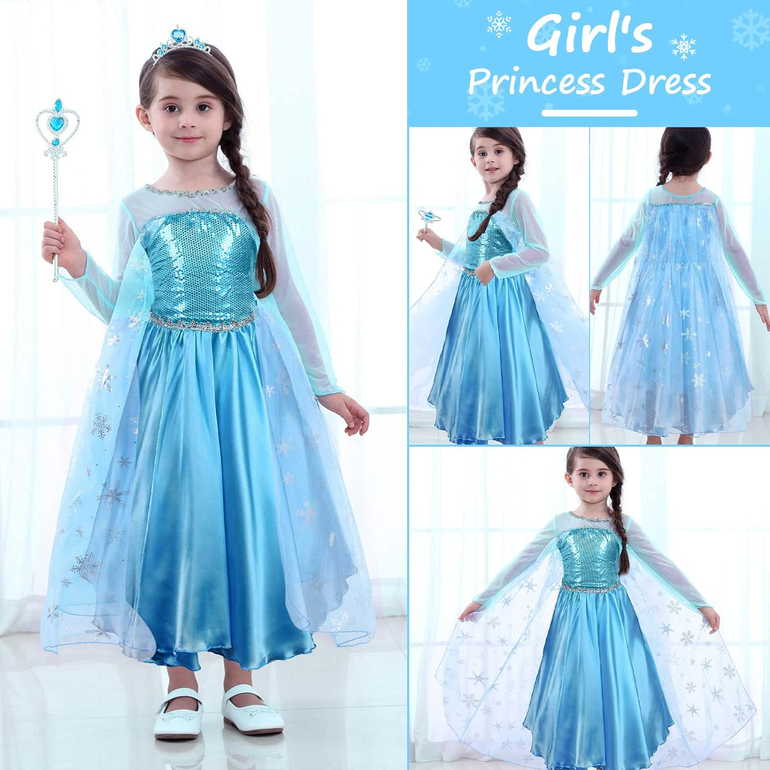 URAQT Elsa Costume Children'S Girls, 9-Piece Set Elsa Dress Children with Crown Tiara Gloves Magic Wand for Christmas Fancy Dress Carnival Halloween Birthday Party (130) image number 1
