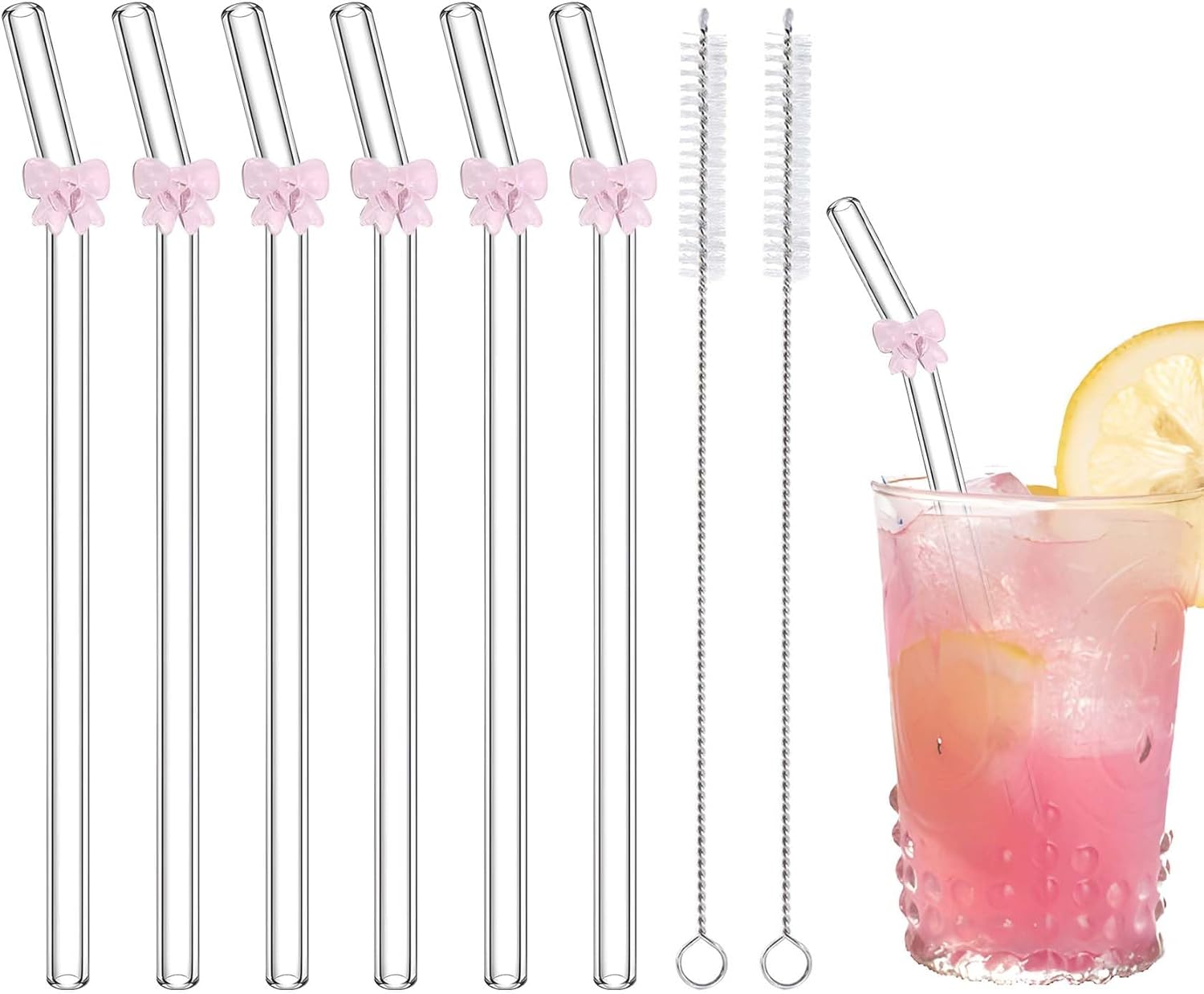 6 Pcs Glass Straws Shatter Resistant with Cute Pink Bow, Reusable Straw Dishwasher Safe with 2 Cleaning Brushes for Pink Lover, Juice, Summer Beach, Birthday Party