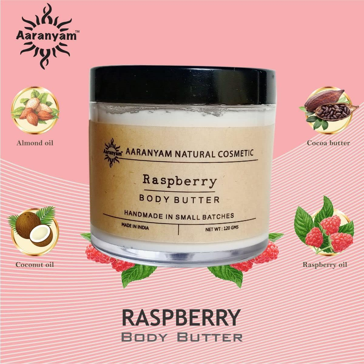 Aaranyam Raspberry Body Butter Moisturizer Cream - Dry Skin Moisturizer with Goodness of Shea Butter Raw Cocoa Butter - Body Cream - Winter Cream for Women & Men, 120 G image number 6