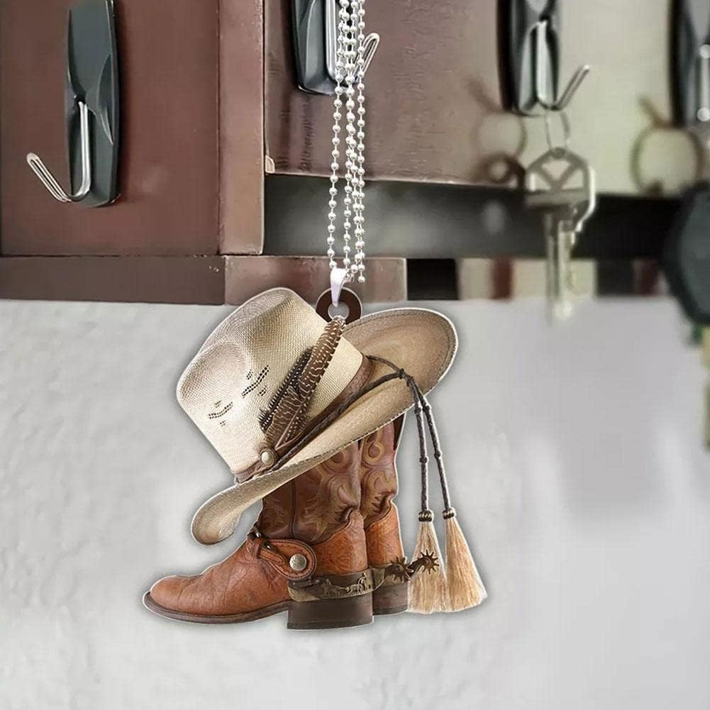 1Pc Car Rear View Mirror Pendant,Charm Auto Interior Rearview Decor,Personalized Cowboy Boots and Hats Flat,Acrylic Car Hanging Ornament Auto Interior Mirrors Interior, Body and Trim,Replacement Parts image number 4