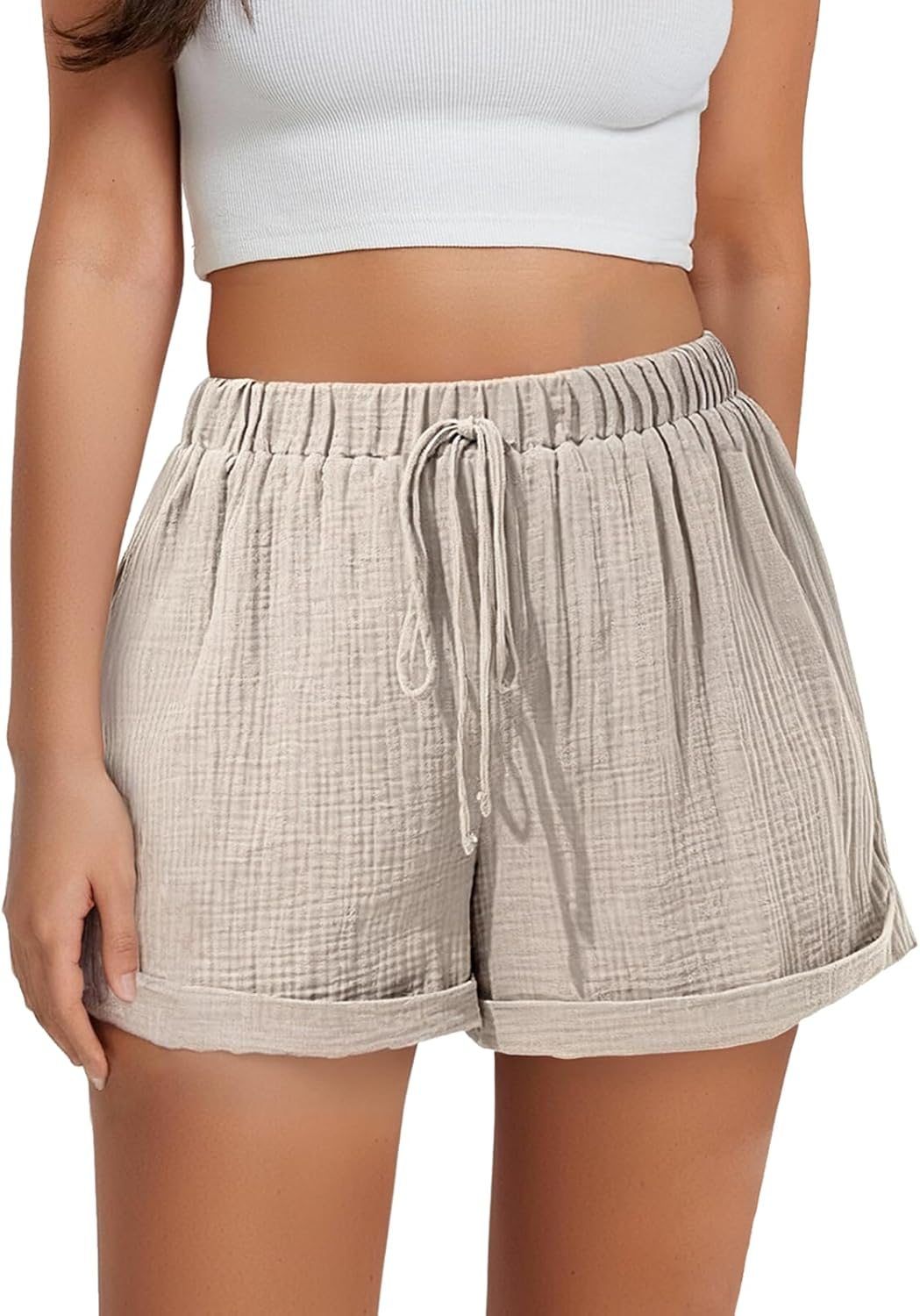 Linen Shorts Women Casual Trousers &ndash; Solid Drawstring Elastic Waist Hot Pants with Pockets, Cropped Half Length Capri Bermuda Shorts