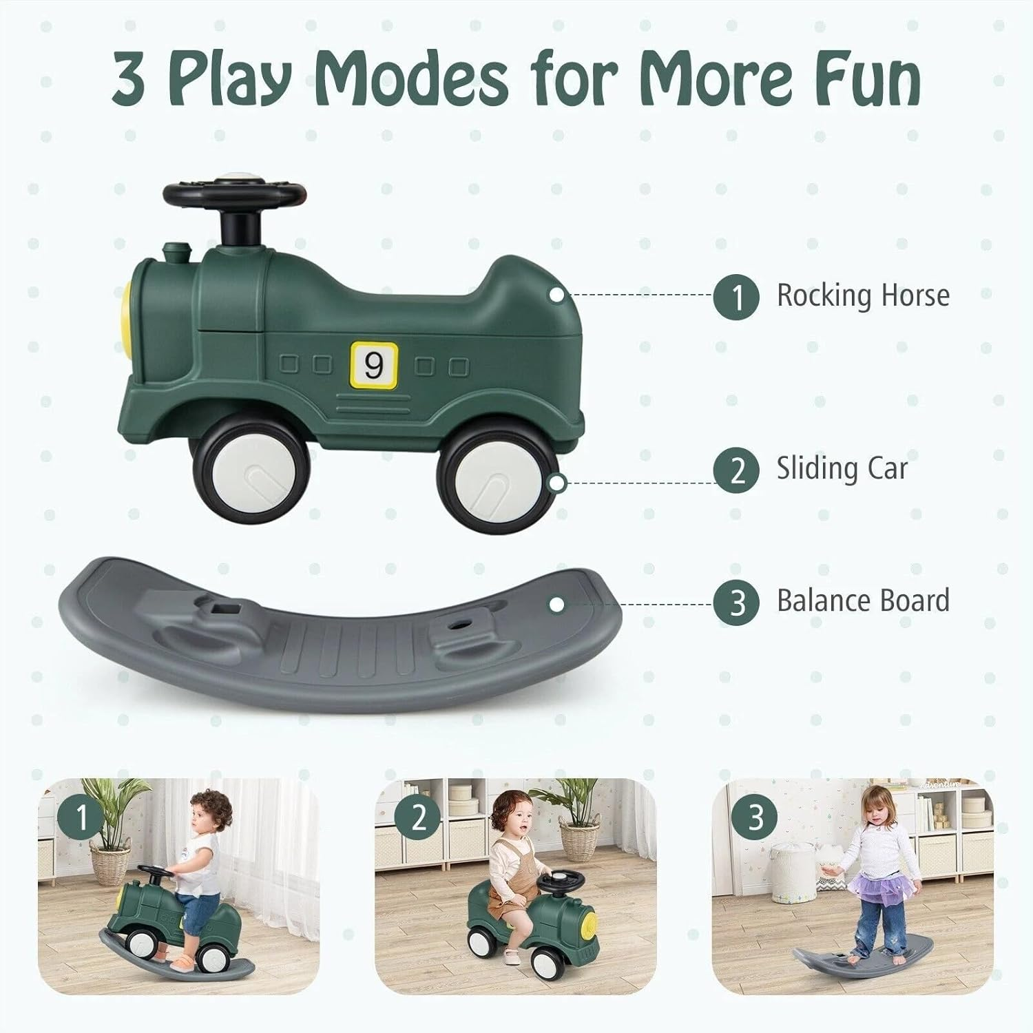 3-In-1 Rocking Horse, Ride-On Car & Balance Board for Toddlers, Safe Rocker with Wheels, Steering Wheel & Backrest (18&ndash;72 Months)