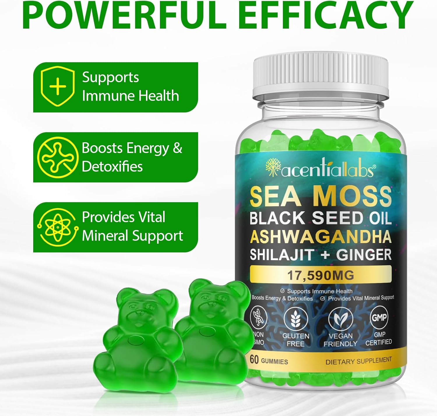 Sea Moss, Black Seed Oil, Ashwagandha, Ginger, Shilajit Gummies with Elderberry, Chlorophyll, Turmeric, Bladderwrack 17590Mg Advanced Strength Formula - All in 1 Formula - 60 Gummies