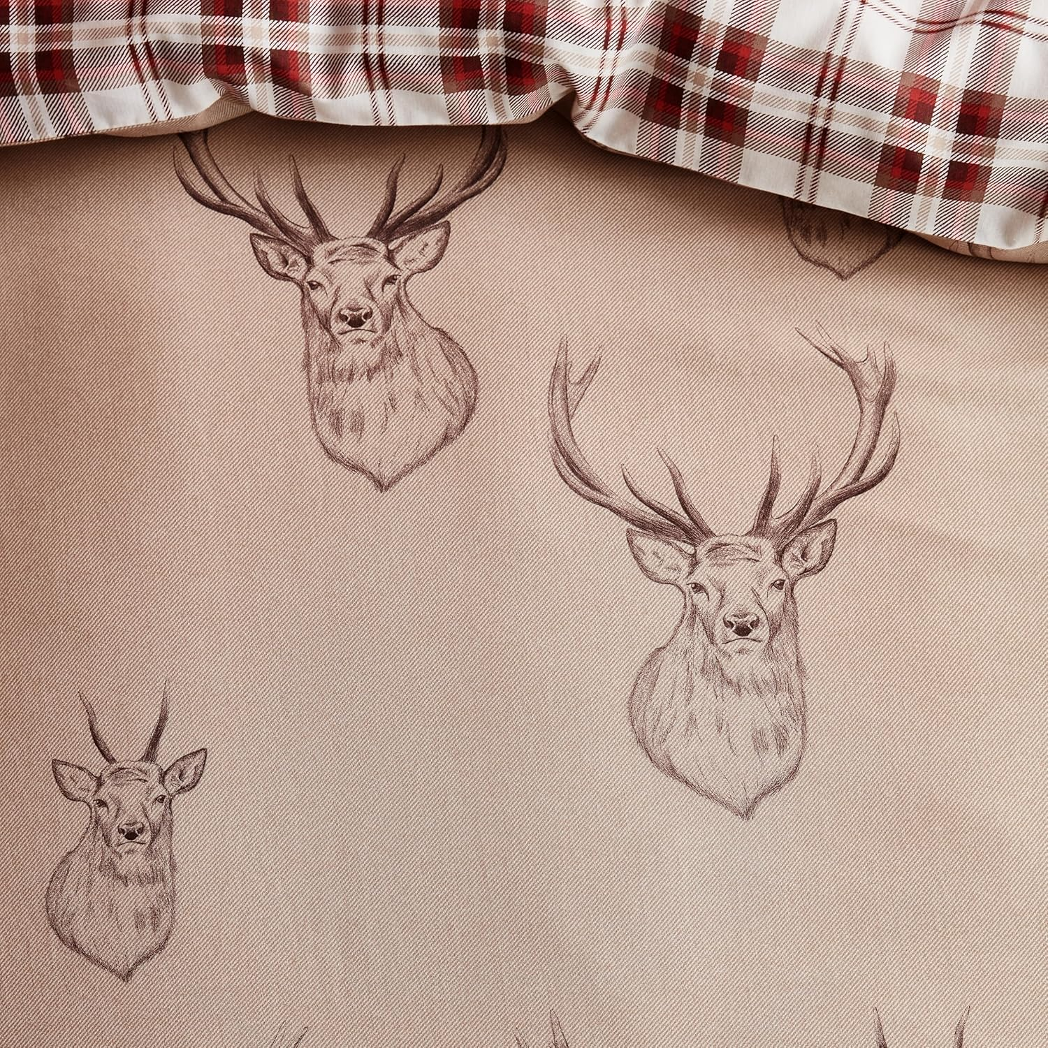 Catherine Lansfield Stag Check Reversible Double Duvet Cover Set with Pillowcases Natural image number 3