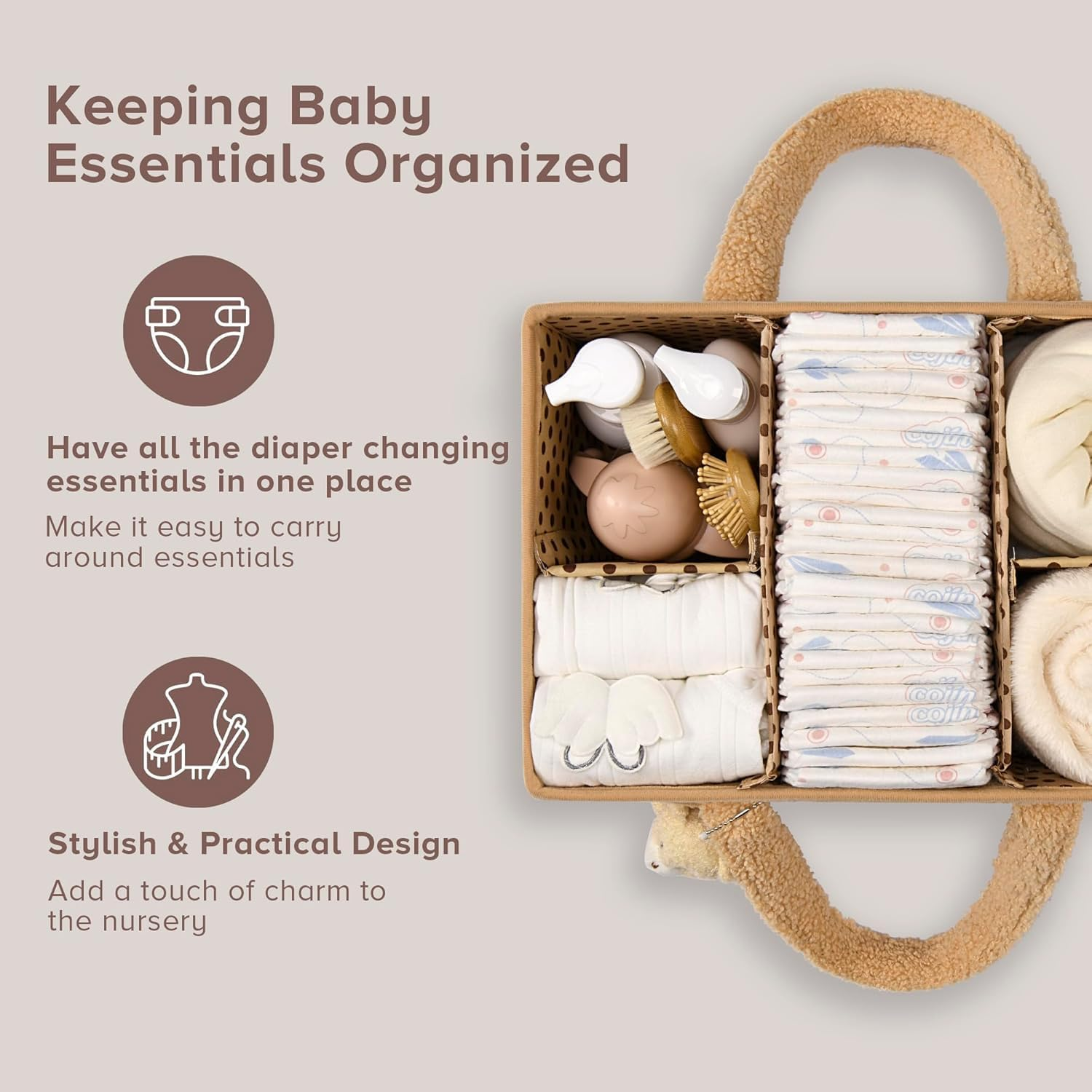 Baby Nappy Caddy Diaper Caddy Organizer, Baby Storage Basket for Diapers and Wipes (Beige Yellow, with Bear) image number 1