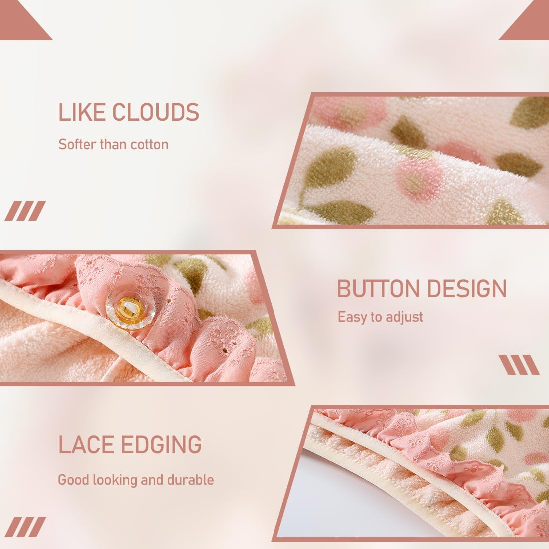 FIMWOLZ 1 X Coral Fleece Hair Turban Hair Drying Towel with Buttons with Lace Trim, Quick-Drying Turban Towel for Hair image number 2