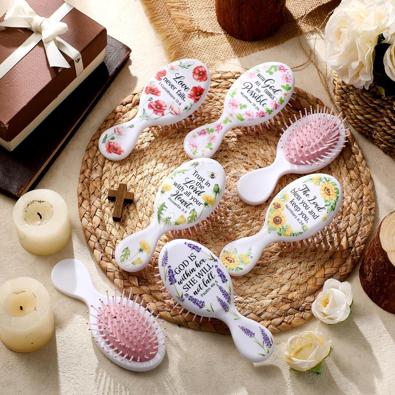 Meanplan 20 Pcs Inspirational Mini Hair Brush Bulk Thank You Gifts Bible Verse Christian Travel Hair Brush Mini Hair Brush Travel Detangling Brush Appreciation Gifts for Women Employee Staff image number 5
