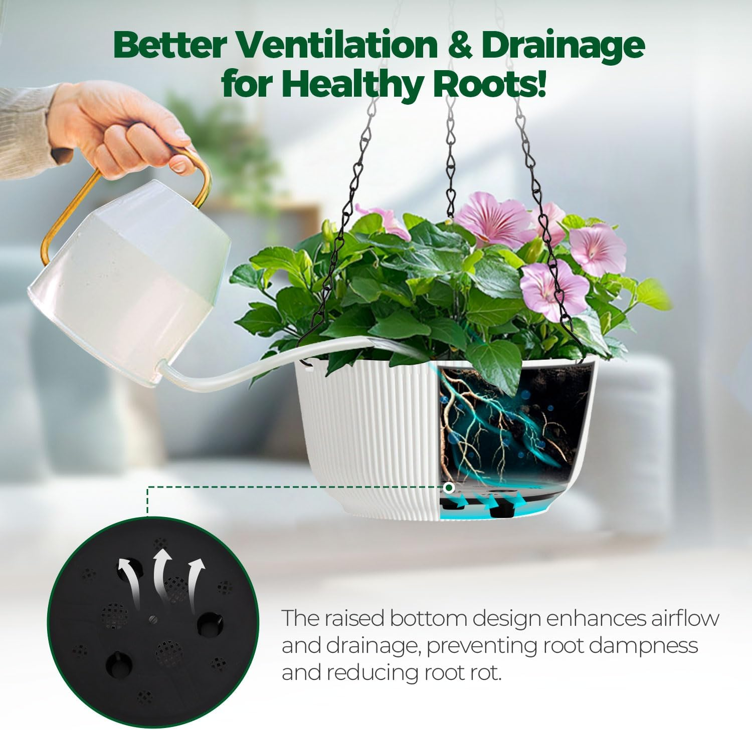 T4U Hanging Planter Self Watering 8 Inch, 2 Pack White Indoor Outdoor Hanging Plant Pots, Hanging Flower Pot with Drainage Hole & Plug & Chain with 3 Hooks for Garden Home Decor image number 6