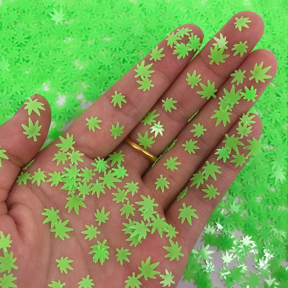 Glow in the Dark Leaf Glitter - Solvent Resistant & Cosmetic Grade - Festival Rave Makeup Face Body Nails Resin Arts & Crafts, Tumblers, Bath Bombs, Resin - Weed Pot Marijuana Leaf - Black image number 2