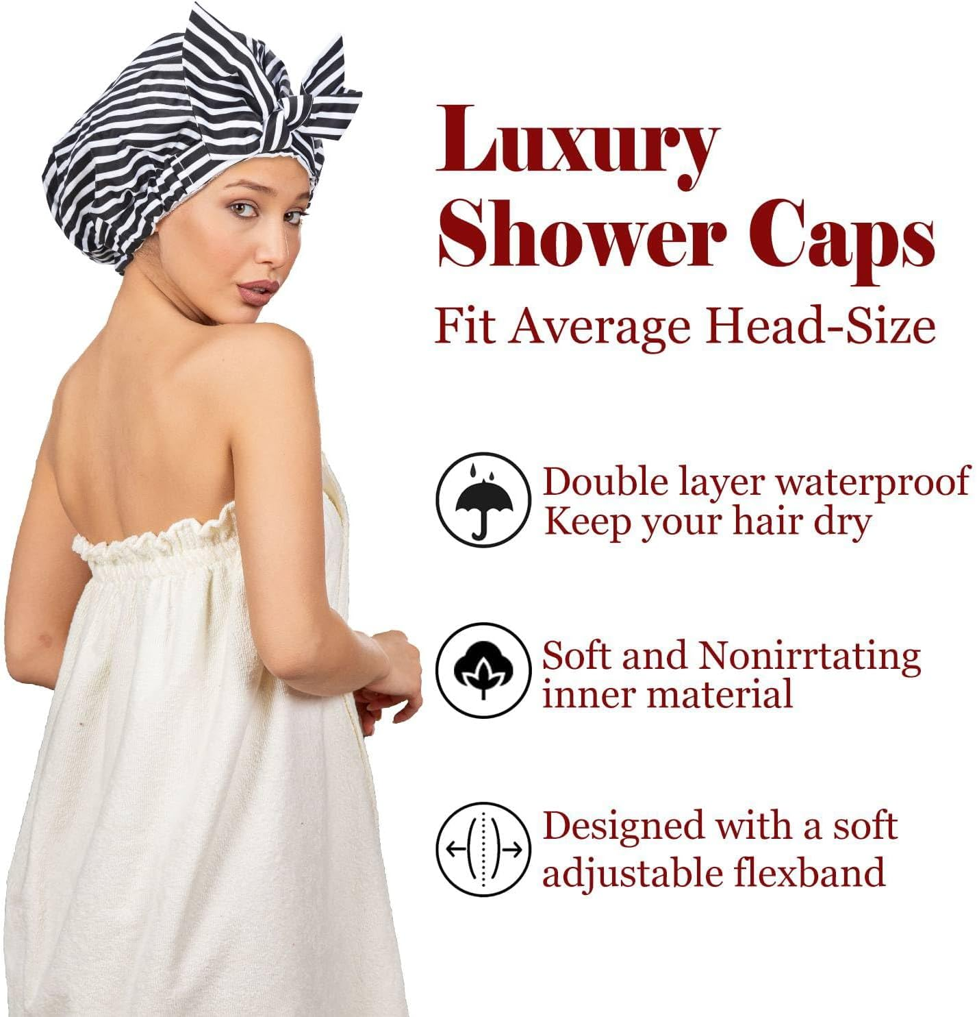 Luvruitaky Shower Cap Luxury Shower Caps for Women Reusable Waterproof Hair Cap for Shower with Adjustable Bowknot Hair Bath Cap (Black Stripe) image number 5