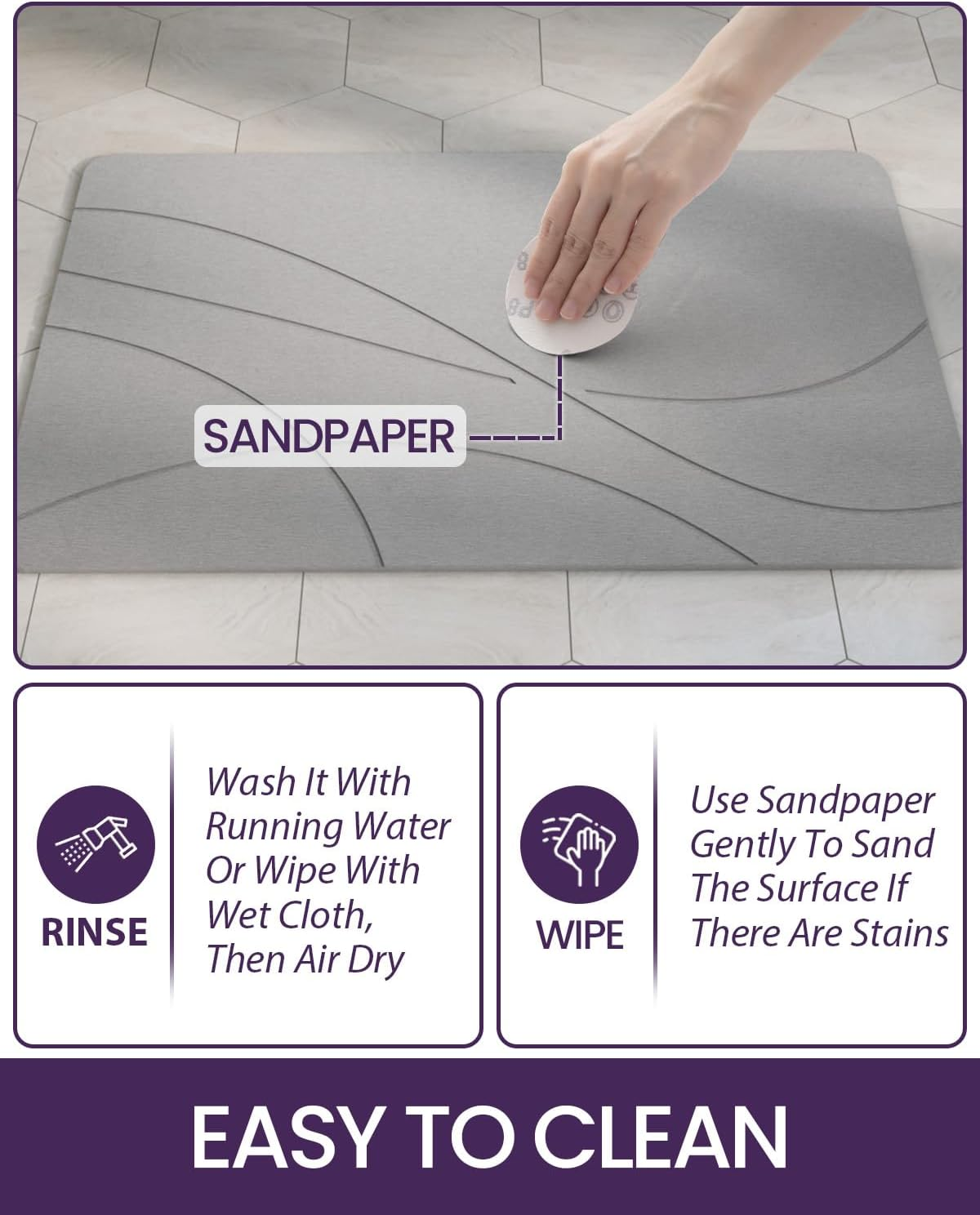 DEXI Bath Mat Stone Diatomite Earth, Super Absorbent Diatomaceous Bathroom Mats, Quick Dry Easy Clean Shower Rug, 15"X24", Grey image number 3