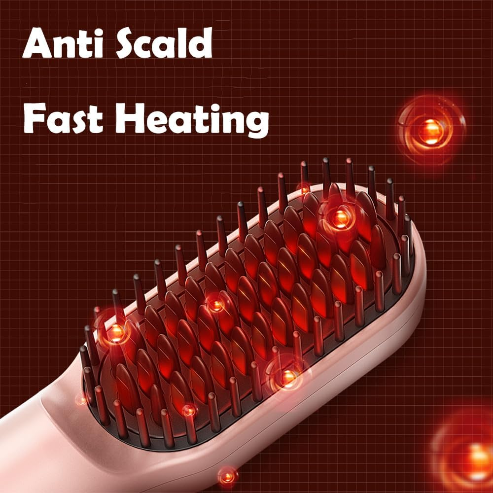 Portable Battery Hair Straightener Brush for Curly Hair-Rechargeable Mini Size Portable Hair Straightener Brush Anti-Scalding Heated Comb image number 2