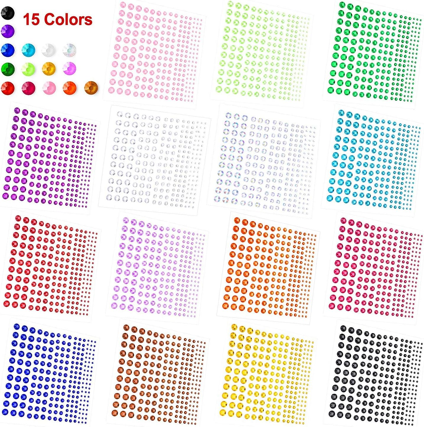 PHOGARY Self-Adhesive Rhinestone Sticker 3375 Pieces Crystal in 5 Size 15 Colors Bling Craft Jewels Gem Stickers for Crafts, Body, DIY Nails, Festival, Carnival, Makeup image number 2