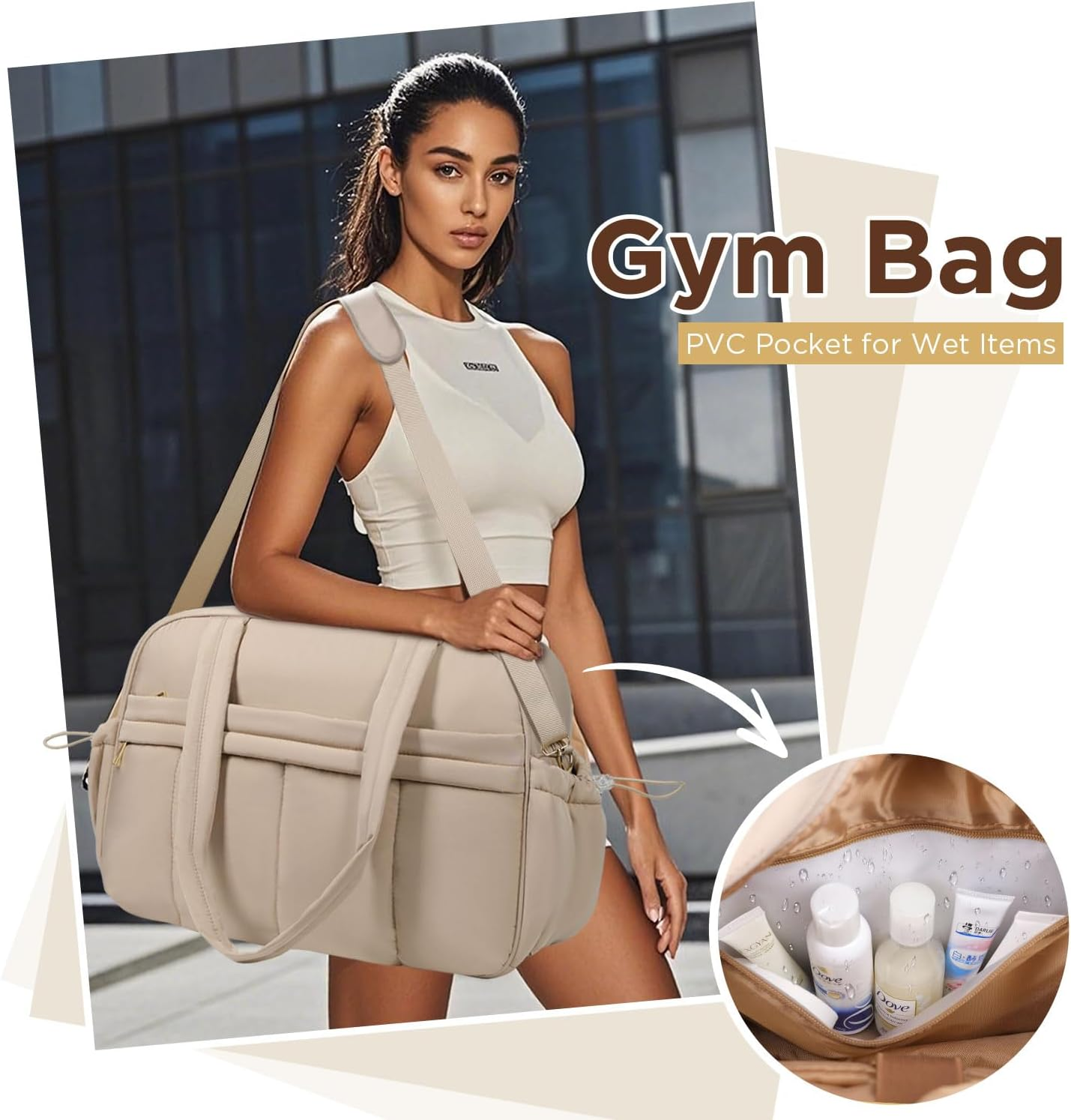 Behaesty Weekender Bags for Women, Quilted Travel Duffel Bag, Large Puffer Duffle Bag for Travel Gym Overnight Weekend Workout Carry on Bag for Airplanes, Personal Item Travel Bag, Camel, 18 X 12 X 8 image number 6