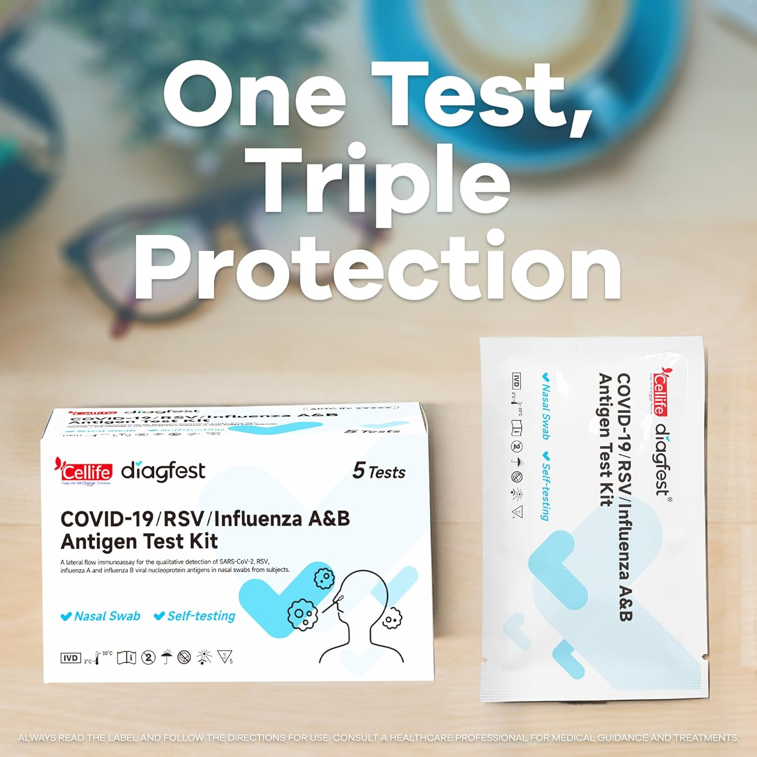 Cellife COVID-19, RSV, Influenza A&B Antigen Test Kit, 3-In-1 Home Self Test, Nasal Swab, Rapid Results in 15 Minutes, 5 Pack (5 Tests Total) image number 6