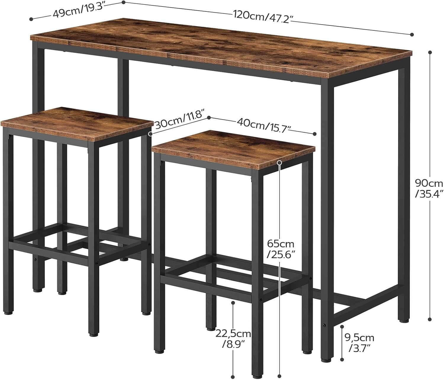 HOOBRO Dining Table Set, 120 Cm(47.2 Inch) Rectangular Pub Bar Table and 2 Bar Stools, 3-Piece Breakfast Table Set, Kitchen Living Room, Dining Room, Sturdy Metal Frame, Rustic Brown BF52BT01 image number 2