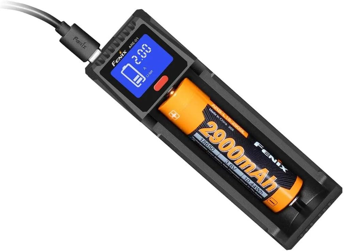 Fenix Are-D1 Single Bay Smart Charger - Micro USB & LCD Screen Display - Multi-Protection Circuit - Compatible 10440, 14500, 16340, 18350, 18650, 21700, 26650 - Supports AC/DC Charging - Black image number 5