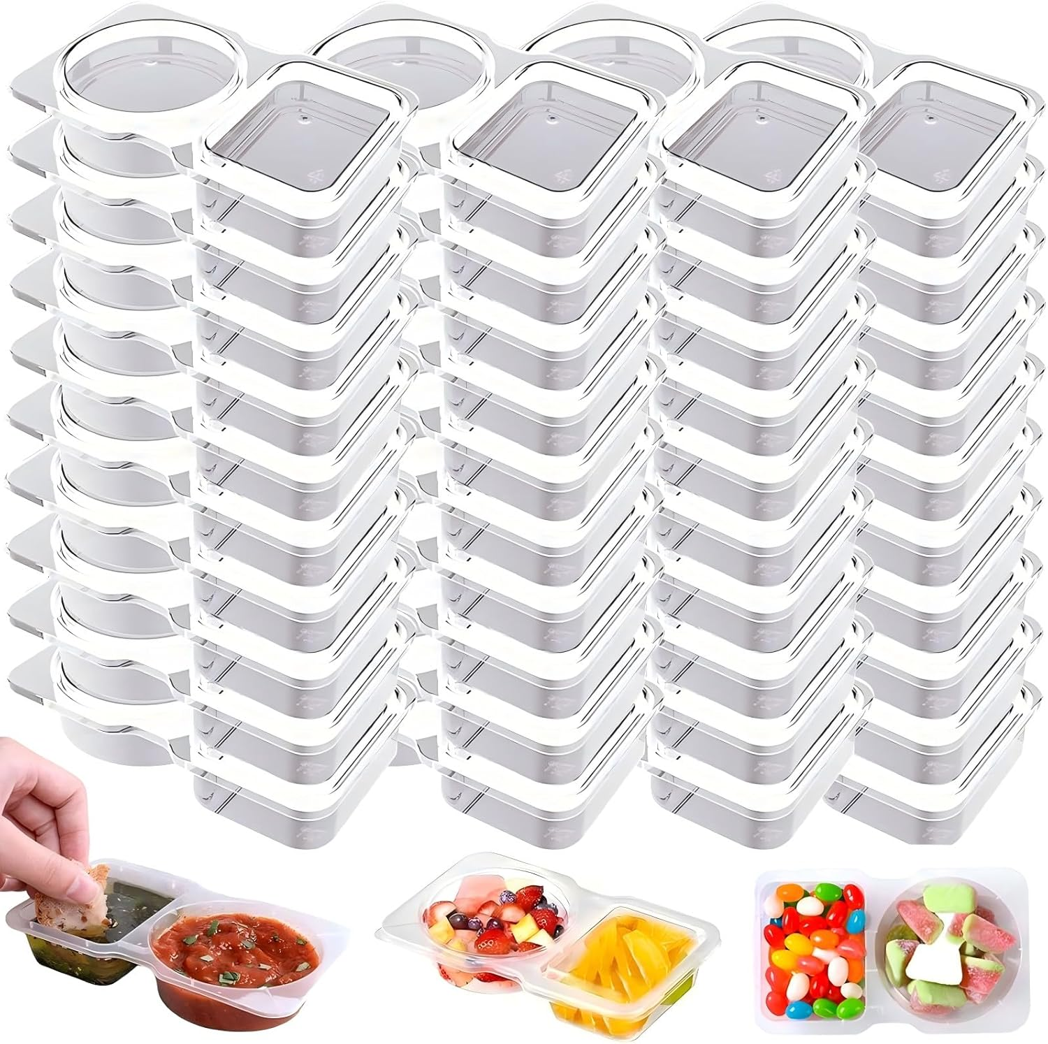 50 Pack Reusable Snack Containers with Lids 2 Compartments, Snack Pack Container Multipurpose Leak-Proof, Double Compartment Condiment Sauce Containers for To-Go Sauce, Sampling, Travel Snack image number 5