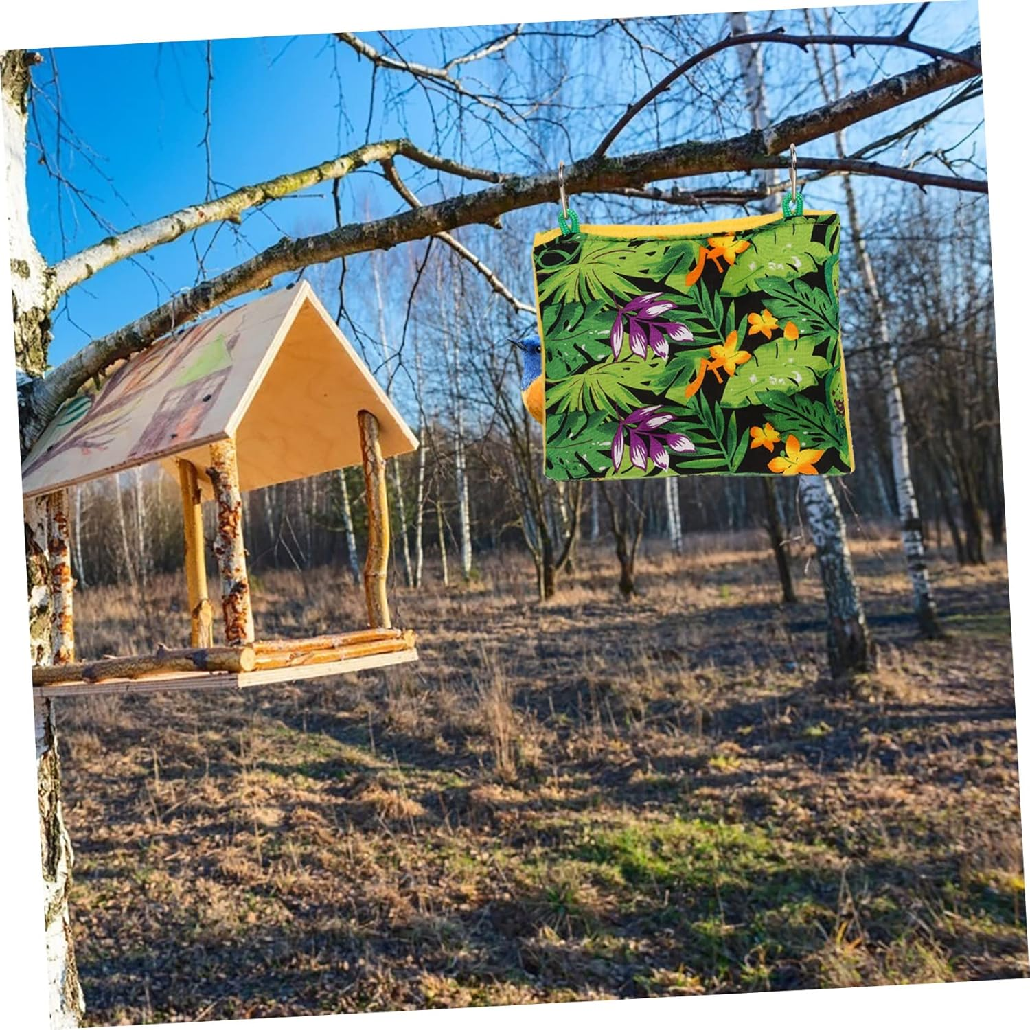 FONDOTIN Summer Parrot Hanging Hammock Bird Nest with Tropical Print Comfortable Sized Bed for Small Birds like Canaries and Parakeets Secure Sunshade Shelter for Cage Window