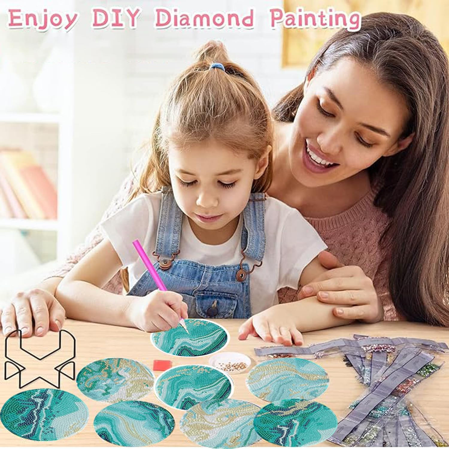 8Pcs Diamond Painting Coasters with Holder, Diamond Art Coasters for Beginners, DIY Teal Marble Ocean Coasters Set for Drinks Painting, Art Kits Craft Supplies for Adults image number 6