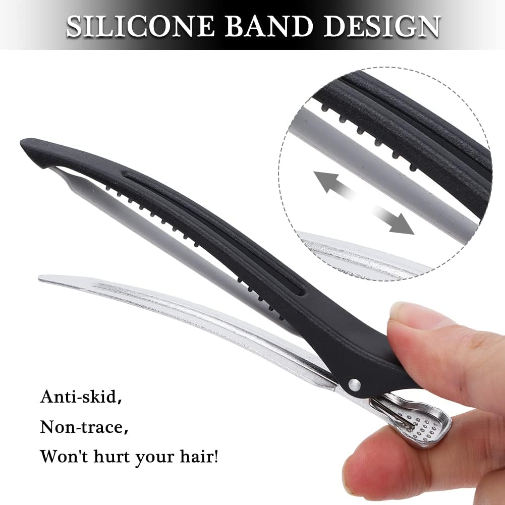 Pack of 12 Duckbill Clips, Hair Clips for Styling Cuts, Non-Slip Long Hair Clips with Silicone Band, Clips for Hairdressers (Black, Purple) image number 4