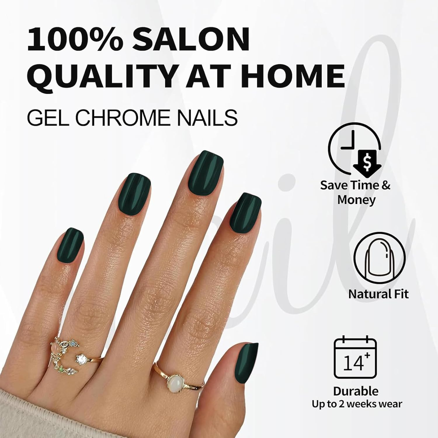 Qioon 24 Pcs Short Square Dark Green Press-On Nails, Full Cover Fake Nails with Adhesive Tabs and Mini Nail File, Artificial Fingernails for Women and Girls DIY Manicure Nail Art