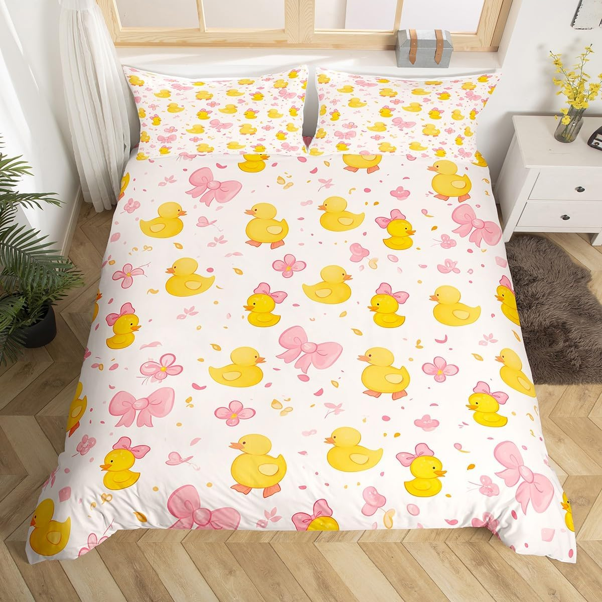 Homewish Cute Yellow Cartoon Duck Bedding Set 135 X 200 Cm Pink Bowknot Duvet Cover for Children Girls Bow Tie Comforter Cover, Floral Butterfly Knot Bed Set with 1 Pillowcase, Yellow Pink