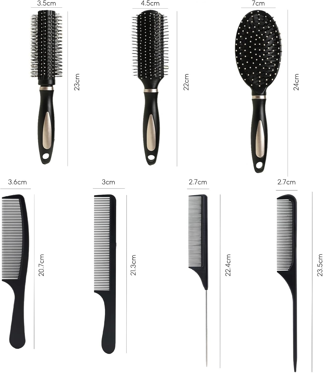 Hair Brush Set, 7-Piece Hair Brush Set, Anti-Static Massage Oval Comb, round Hair Brush, Ventilation Hair Brush, Detangling Brush, Paddle Brush for Women, Men, Children (Black) image number 2