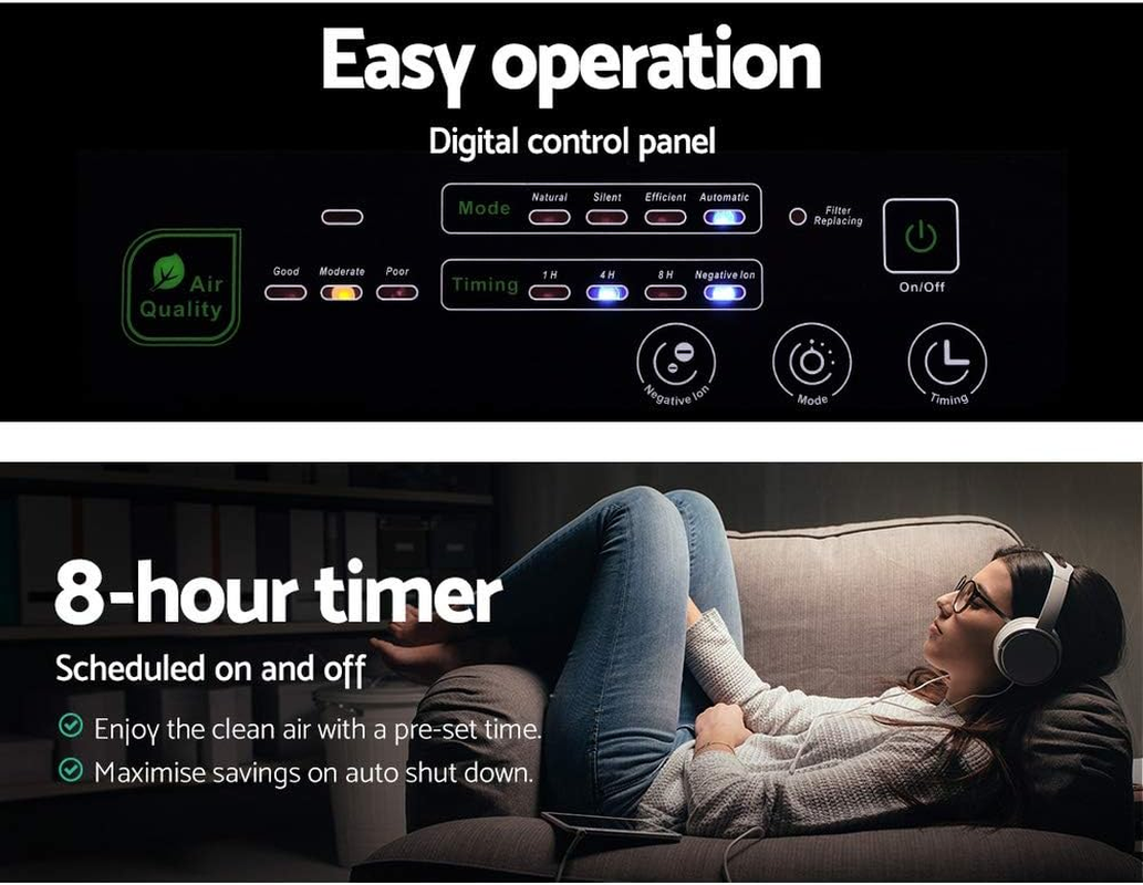 Devanti Air Purifier, 4 Layer Home Purifiers Hepa Filter Bedroom Freshener Cleaner Carbon Replacement Filters Smoke Remover Office Kitchen Room Smart Equipment, with Remote Control 180M&sup3;/H White