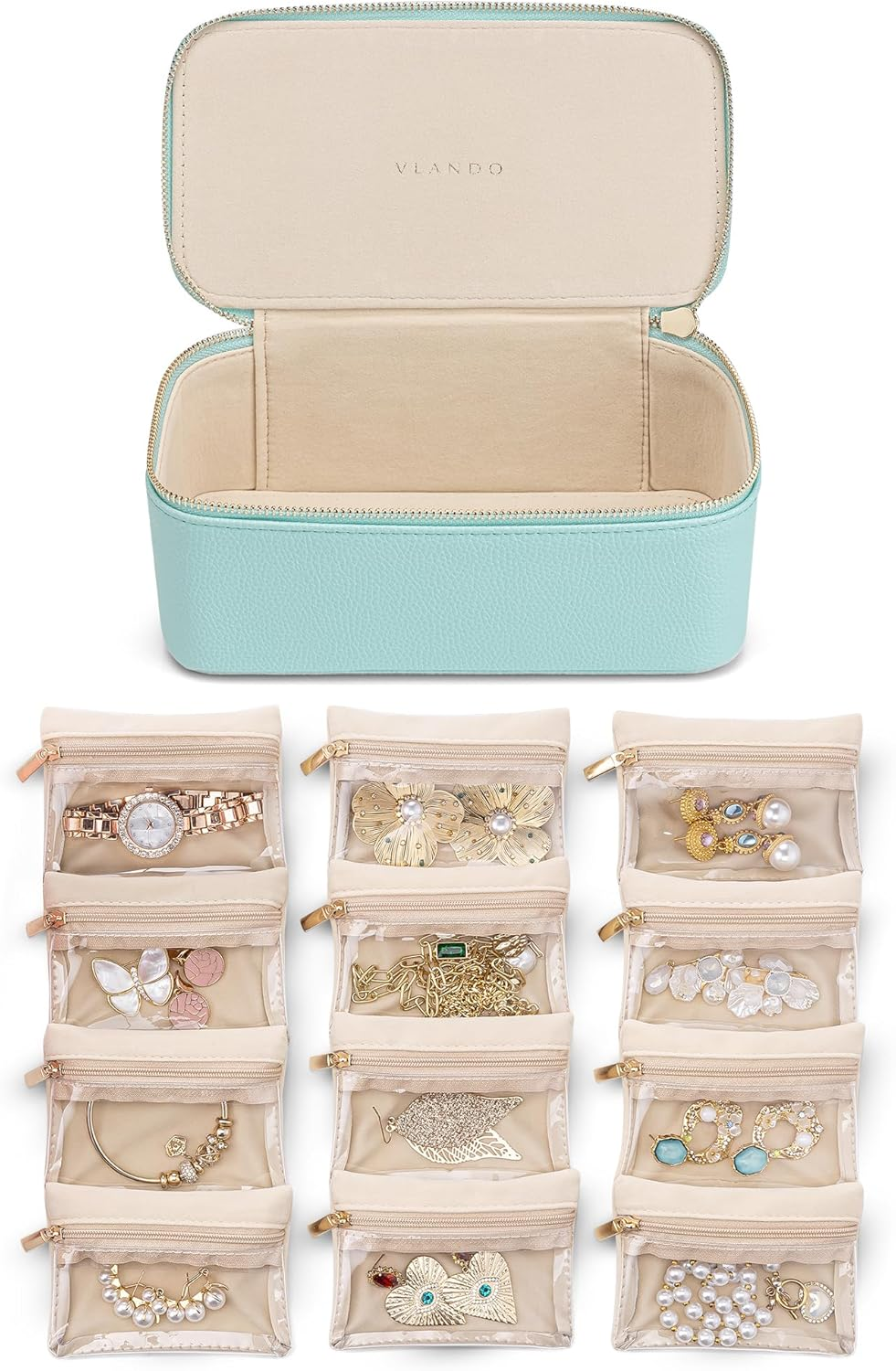 Vlando Travel Jewellery Organiser,Pu Leather Jewellery Box with 12 Velvet Jewellery Pouch, Jewellery Case for Necklace,Ring, Gifts for Women, White-L