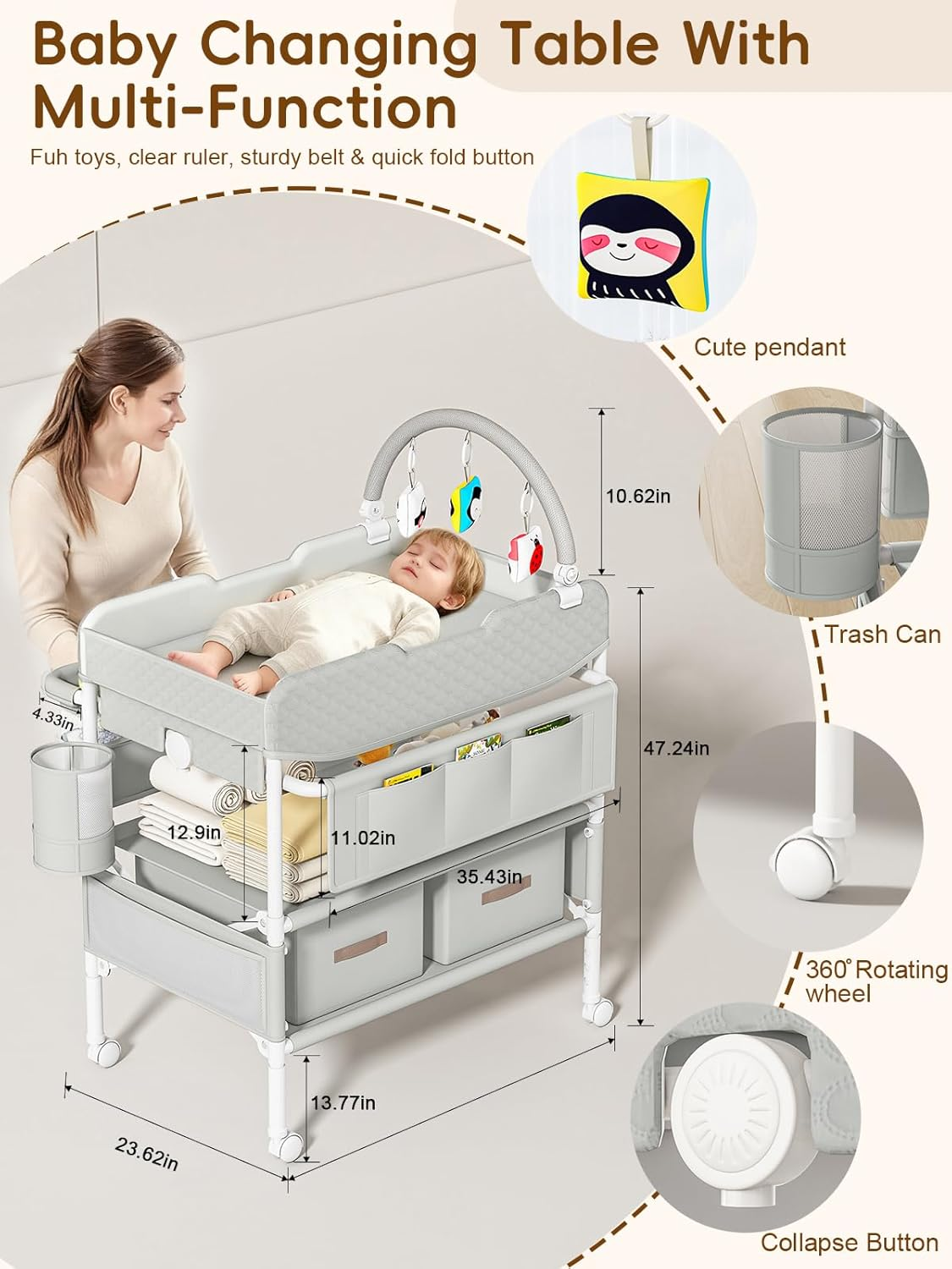 Baby Changing Table with Drawers, Waterproof Versatile Folding Diaper Changing Station with Storage, Adjustable Height, Portable Diaper Chang Ing Station, Mobile Nursery for Infant and Newborn image number 1