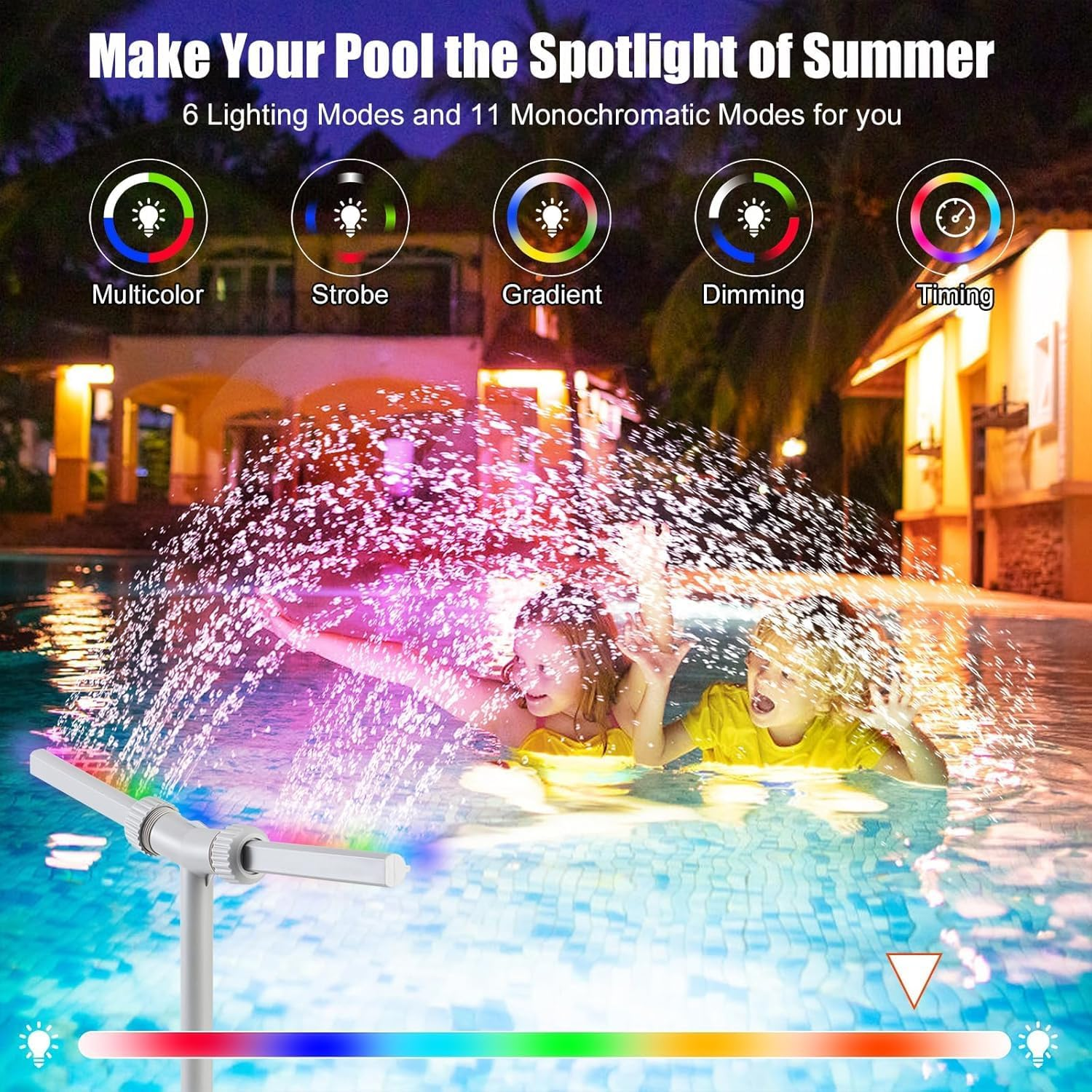 Solar Pool Fountain with Lights, for above and In-Ground Pool with 11Color 6-Mode LED Lights Control by APP, High-Pressure Waterfall, 360&deg;Adjustable Dual Spray Waterfall Sprinkler, for Pool Parties