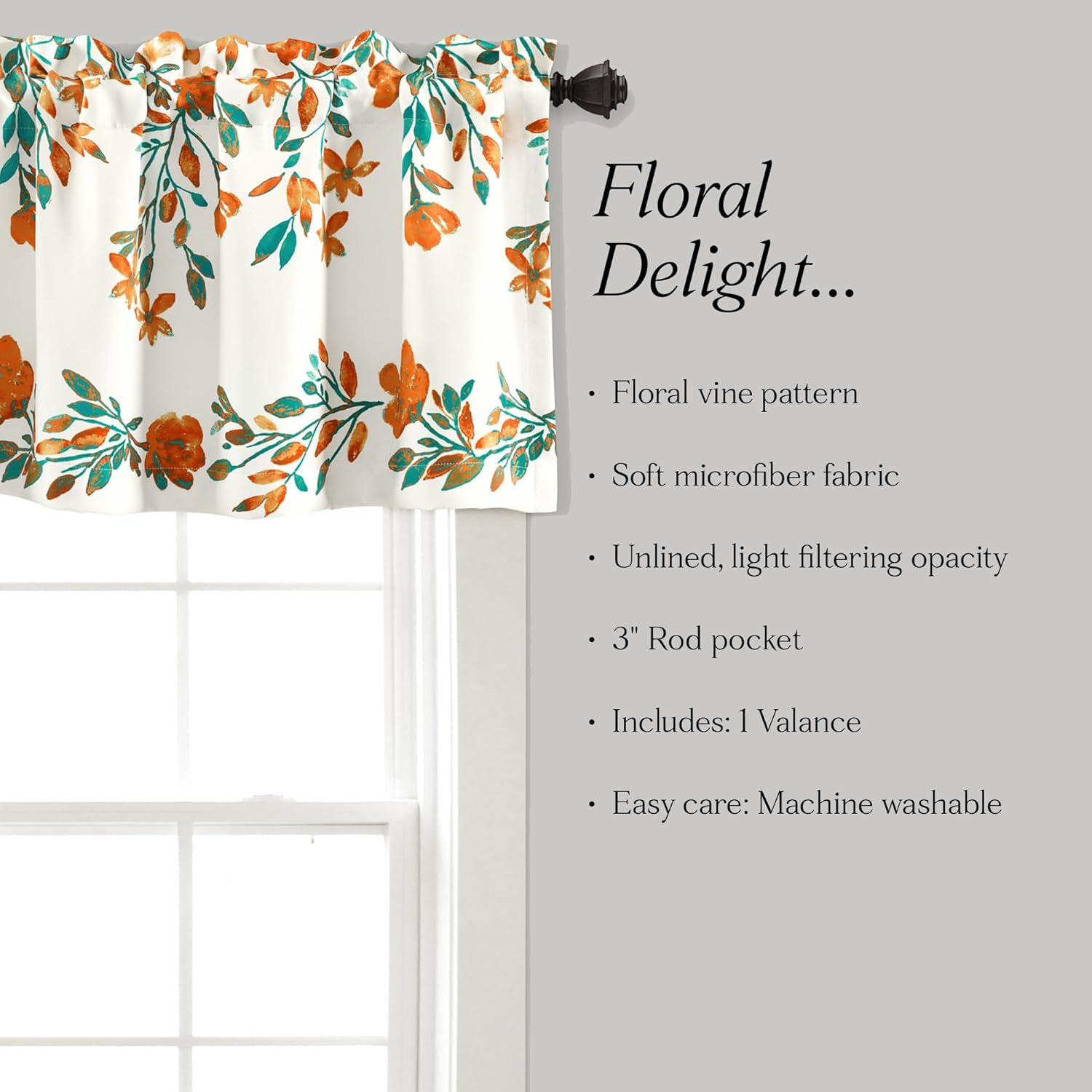 Lush Decor Tanisha Room Darkening Window Curtain Valance, 18" L X 52" W, Tangerine & Turquoise - Navy  White image number 4