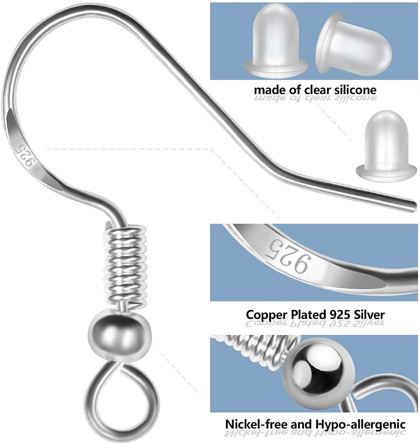 925 Sterling Silver Plated Earring Hooks 150 PCS/75 Pairs,Ear Wires Fish Hooks,500Pcs Hypoallergenic Earring Making Kit with Jump Rings and Clear Silicone Earring Backs Stoppers (Silver) image number 6