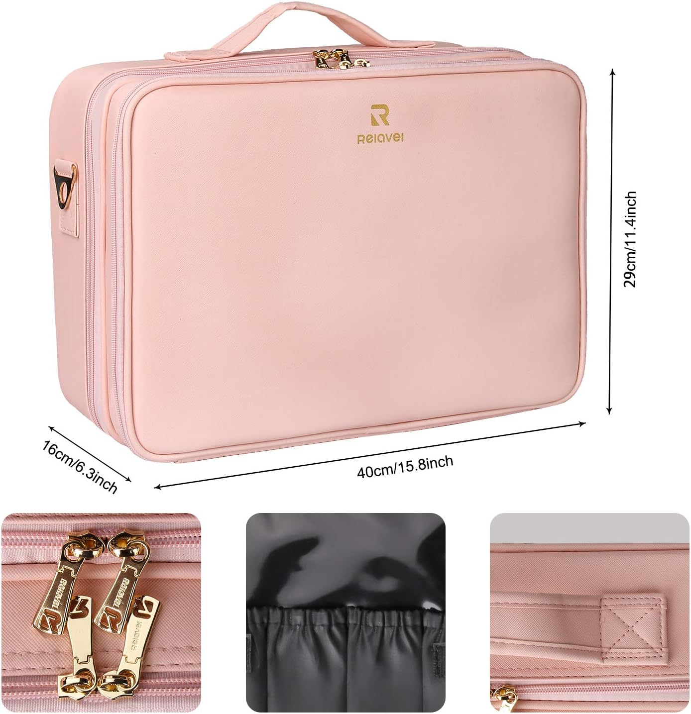 Relavel Professional Large Makeup Case Cosmetic Train Case Makeup Bag Organizer Professional Waterproof Travel Cosmetic Case Box with Removable Dividers Shoulder Strap (B Pink)
