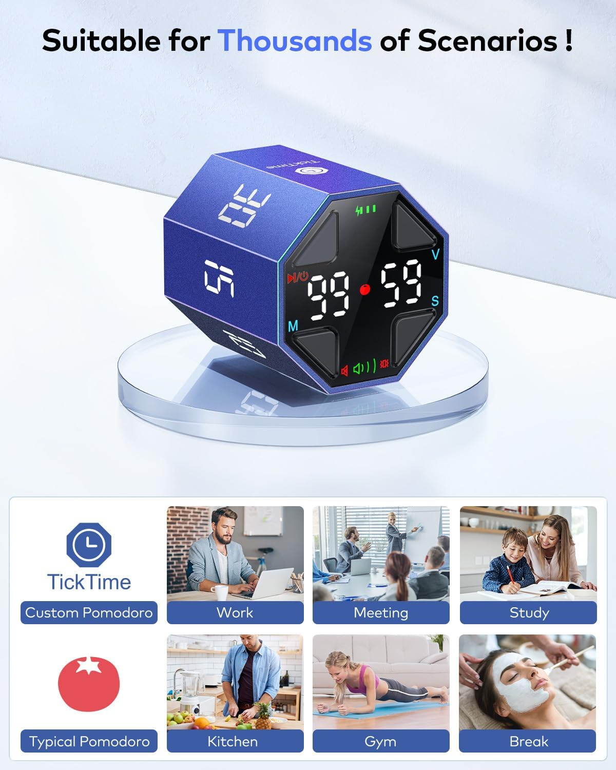 Ticktime Pomodoro Timer Cube, Custom Pomodoro, Pause & Resume, Silent, Vibrate & Adjustable Sound Alert, for ADHD, Task, Work, Study, 3/5/10/15/30/45/60Min & Custom Countdown, Blue image number 3