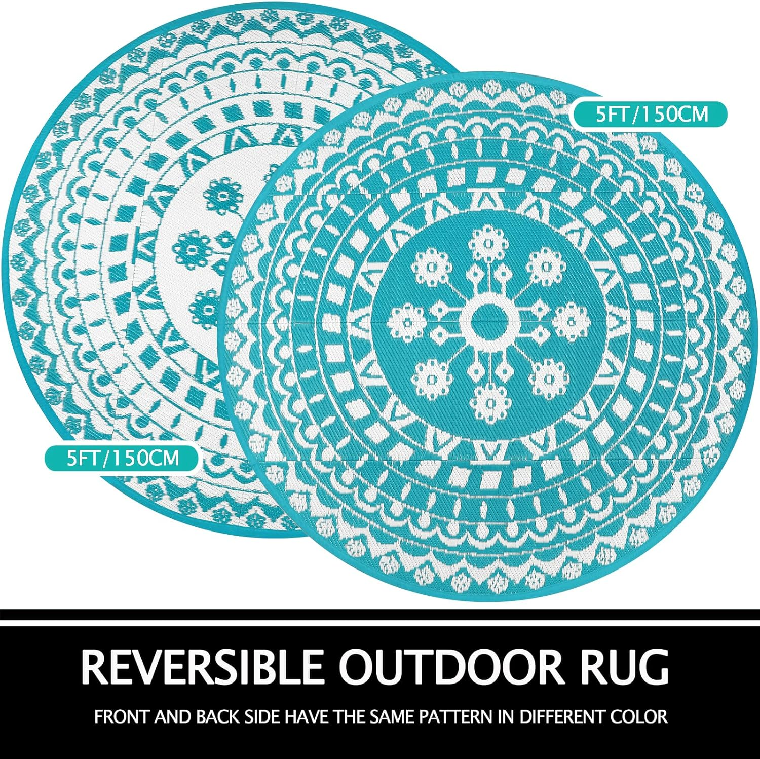 Capslpad round Outdoor Rug for Patio 150Cm Boho Reversible RV Mat Waterproof Outdoor Plastic Straw RV Camping Rug outside Circle Area Rug for Porch Deck Terrace Picnic Beach Apartment Pool Decor,Teal image number 3