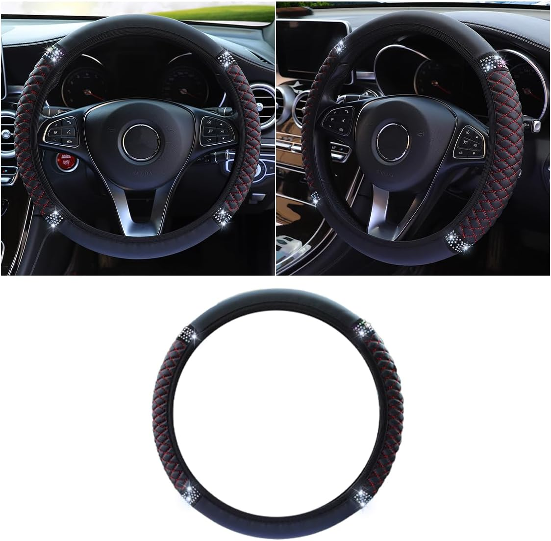 Bling Soft Leather Steering Wheel Cover, 15 Inch Colorful Rhinestones Auto Elastic Protector with Crystal Diamond for Women Girls, Car Accessories for Most Cars, Suvs (Blue)