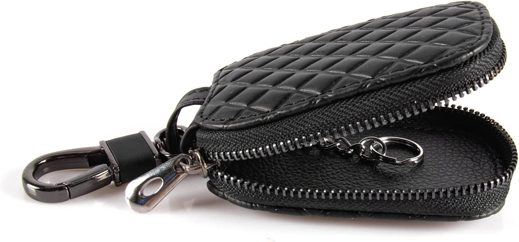 Amiss Universal Key Fob Cover Case, Genuine Leather Car Smart Key Protector with Metal Hook, Keyring Zipper Bag for Remote - Black Plaid image number 1