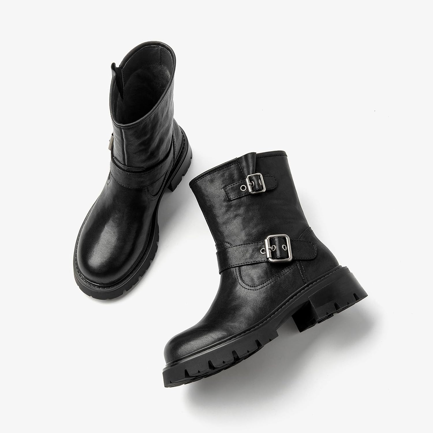 BEAU TODAY Ankle Boots for Women, Genuine Leather Platform Womens Short Boots, Chunky Low Heel Motorcycle Boots with Buckles, Fashion Dress Slip on Bike Booties image number 1