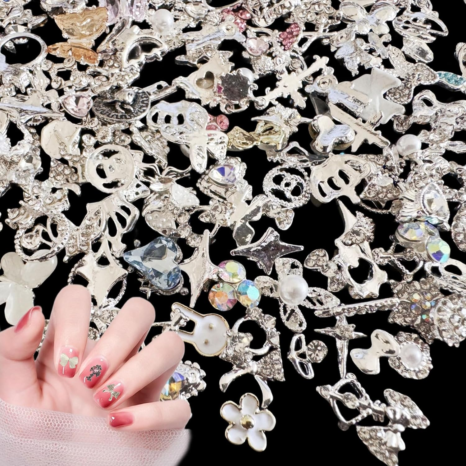 Nail Art Hearts and Bows,50Pcs Mixed 3D Gold Pearl Rhinestones Bowknot Luxury Dangle Nail Art Charms (C Mixed Pattern Gold)