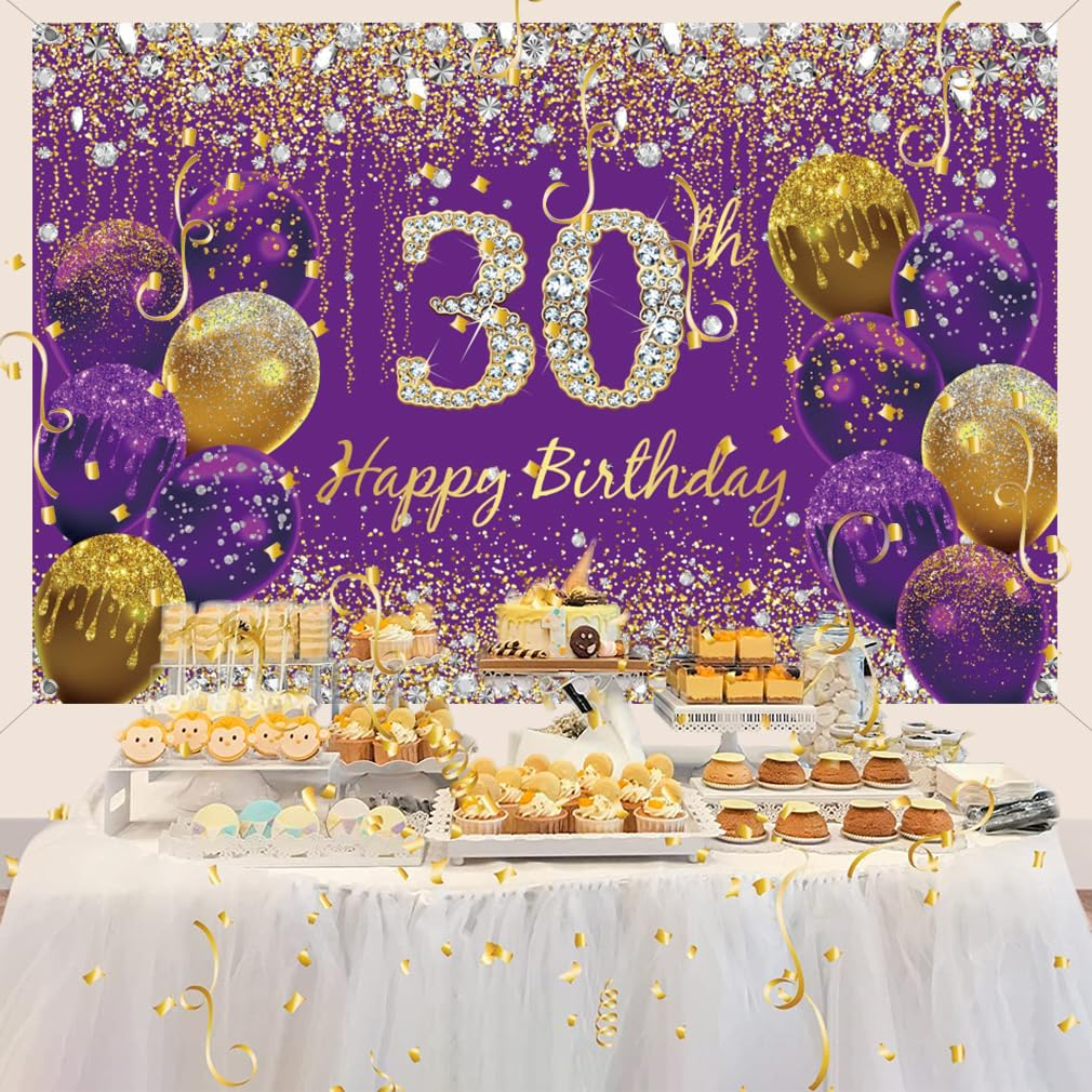 30Th Birthday Decoration Women, Purple Fabric Happy Birthday Sign Poster, Birthday Party Decoration, 30Th Birthday Background Banner Women, 30Th Birthday Party Backdrop, 59''X35.4'' image number 3