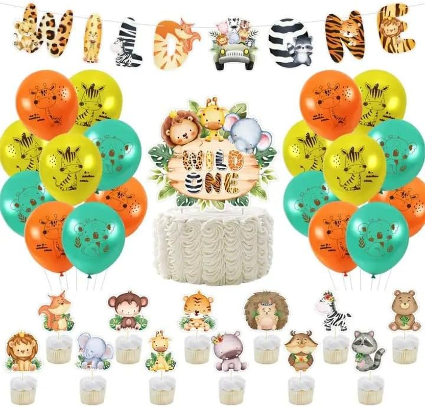 32Pcs Wild One Animal Jungle Safari Happy Birthday Cake Cupcake Banner Balloons Party Supplies Decoration for Babies Kids Children Toppers image number 3