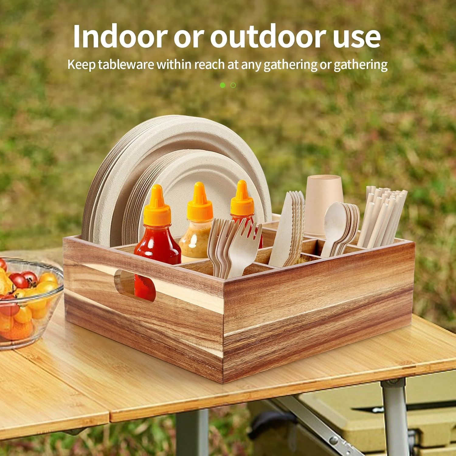 Acacia Wood Utensil Holder for Party - Cutlery Drawer Organiser - Cutlery Holder for Kitchen Camping Buffet, 6-Compartment Utensil Caddy for Forks, Knives, Spoons, Cups image number 3