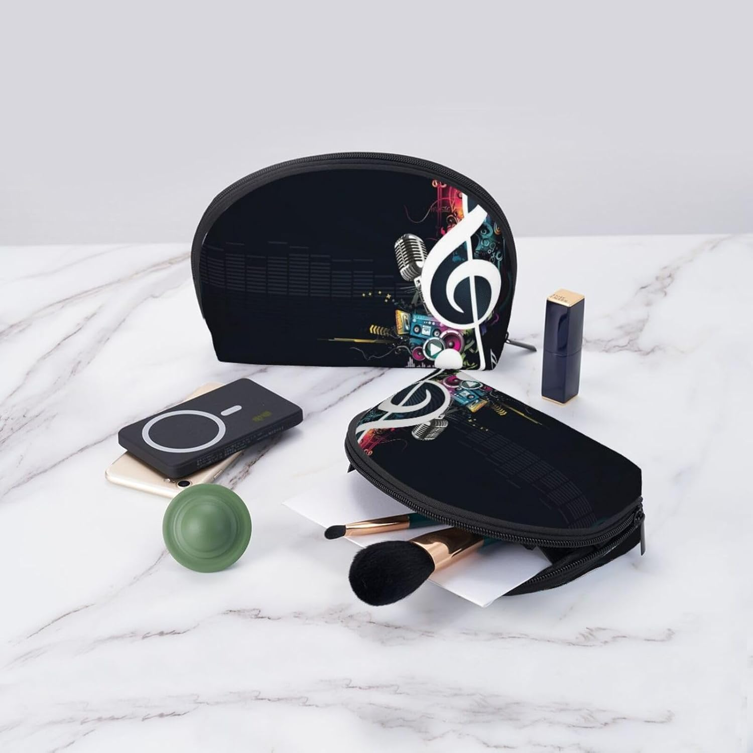 Cozimangoe Coin Pouch Makeup Bags Set, 2 Piece Shell Shape Cosmetic Bag with Pockets for Daily Travel Handbag Lipstick Keys Toiletry, Personalized Abstract Music