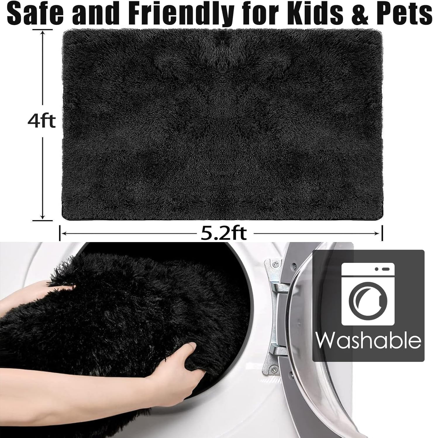 Shaggy Rugs for Bedroom Living Room, Super Soft Fluffy Fuzzy Area Rug for Kids Baby Nursery, Modern Indoor Plush Carpet for Home Decor, 4X5.2Ft Floor Furry Rugs for Children Dorm (Black, 120 * 160Cm) - Deep Grey image number 7