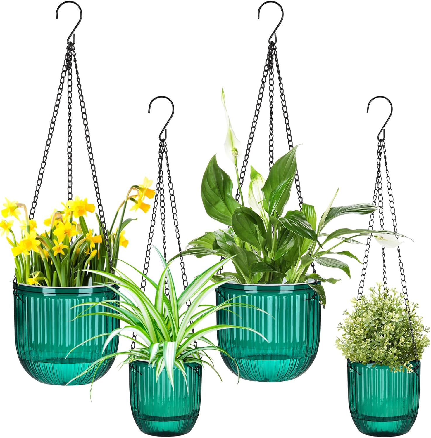 Maxcheck 4 Pcs Self Watering Hanging Planters Indoor Gift 6.5'' 4.5'' Hanging Flower Pots Baskets Outdoor Self Watering Plant with 3Hooks Drainage Holes for Home(Emerald,Grey)
