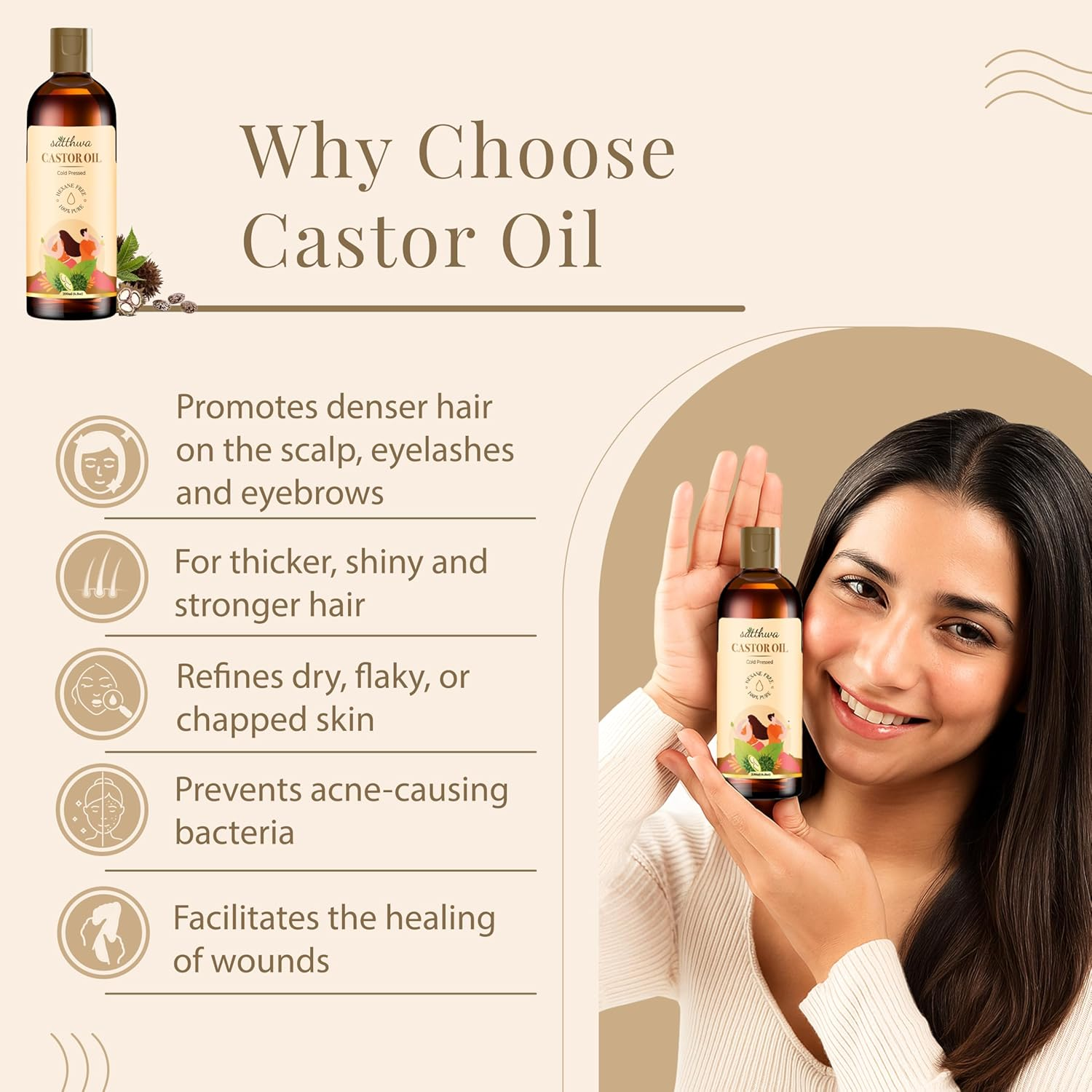 Satthwa Cold Pressed Castor Oil (Arandi Ka Tel) for Moisturising Skin, Stronger Hair, Nail & Eyelash, Hexane Free, Pure & Virgin Grade for Men and Women - 200Ml