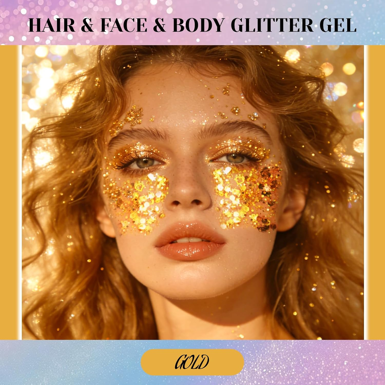 DAGEDA Body Glitter Gel, Gold Sparkling Face Hair Eye Glitter Mermaid Makeup, Holographic Sequins for Face Hair Nails, Singer Concert Festival Carnival Party Rave Accessories 02 image number 1