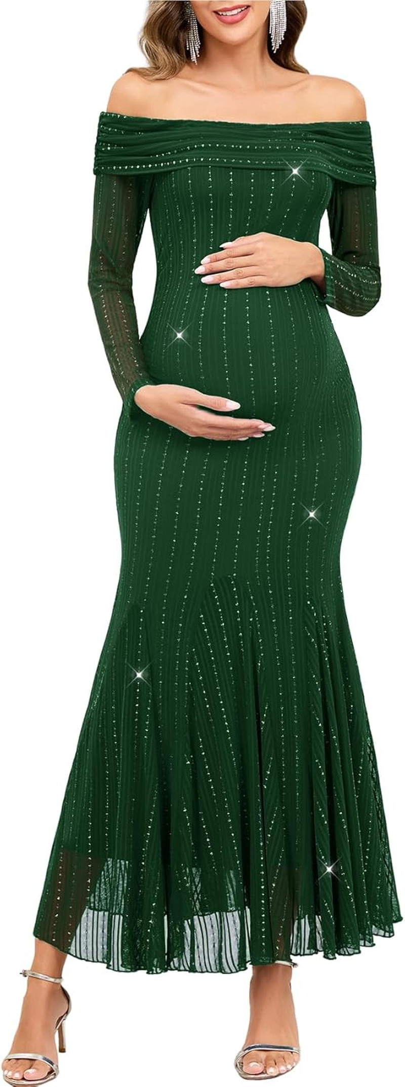 CYCLAMEN Sparkly Maternity Dress for Baby Shower off the Shoulder Long Sleeve Mermaid Pregnancy Gown with Flowy Tail Hem